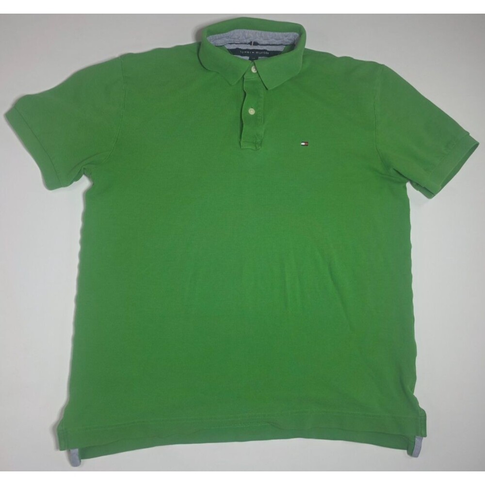 Tommy Hilfiger Polo Shirt Mens Large L Green Classic Fit Pique Short Sleeve